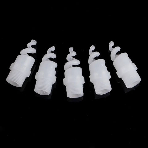 Five Piece Heavy Duty Plastic Spiral Full Cone Spray Nozzle Tips For Garden Irrigation Featuring One Fourth To Three Quarter Inch Fittings on black background.