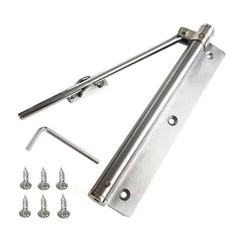 Beefy Adjustable Aluminum Door Closer With Automatic Spring Soft Close Heavy Duty Hardware displayed with mounting accessories