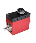 Front view of 0.05 Nm Dynamic Torque Sensor with real time monitoring and high accuracy, ultra compact and no fuss design in red casing.