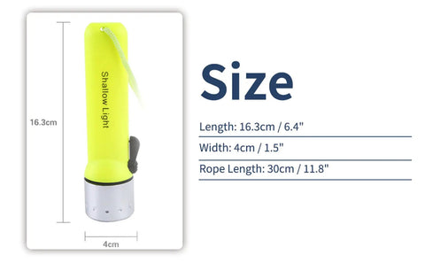 Underwater Dive Light 180LM LED Flashlight For Scuba, Snorkeling, And Outdoor Adventures, Heavy Duty Aluminum Body, size info