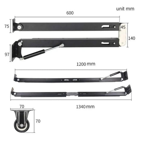 Hidden Desktop Folding Connector Accessories Kit For Space Saving Desks And Tables, Quiet Hydraulic Fold Down Desk Hinges For Dining Tables, Bar Cabinets And Workstations, Complete Set. 600mm and 1200mm black aluminum alloy hinges shown