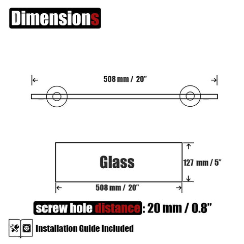 Dimensions diagram of Glass Shower Shelf With 8mm Tempered Glass 20 By 5 Inches 304 Stainless Steel Brushed Finish Wall Mount Organizer.