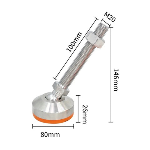 Rock Solid Boss Tier Leveling Screws Featuring Dead Nuts 304 Stainless Steel Swivel Pads 80mm diameter with rubber base and M20 threads.