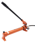 Hella Heavy Duty 10k PSI Single Acting Hydraulic Hand Pump With 1500ml Tank, orange iron construction for lifting and pressing.