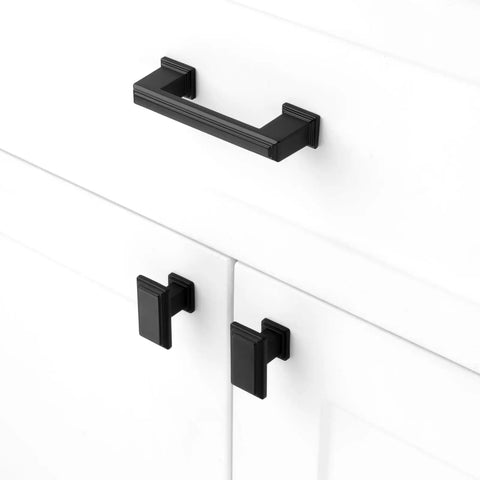 Installed 10 Pack 3 Inch Hole Center Matte Black Cabinet Pulls And Handles For Cabinets Drawers Dressers Vanities Closets Durable Metal Hardware With Included 1 Inch And 1 And A Half Inch Screws For Easy Installation on white cabinets.