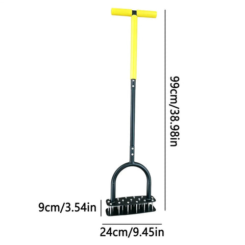Manual Lawn Aerator Tool With T Handle And Stainless Steel Spikes For Deep Soil Loosening In Garden Lawn Flower Beds And Patios 99x24cm