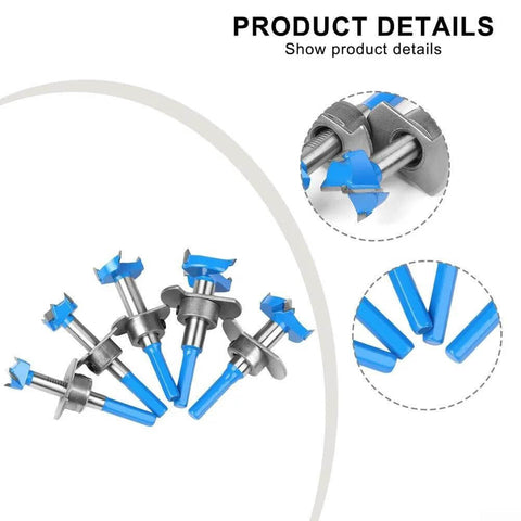 Front view of Floweringbeter carbide hinge boring bit set with blue plastic-coated bits for drilling laminate, plywood and wood