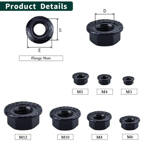 Heavy Duty M8 1.25 Hex Serrated Flange Nuts 304 Stainless Steel Black Oxide Finish Tough As Nails Grip for Automotive and Home Garage DIY Projects 20 Pack showing various sizes.