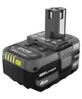 Heavy Duty 18V Cordless Drill Impact Driver Combo Kit With 4Ah Battery Charger showing a 4Ah lithium battery with charge indicator.