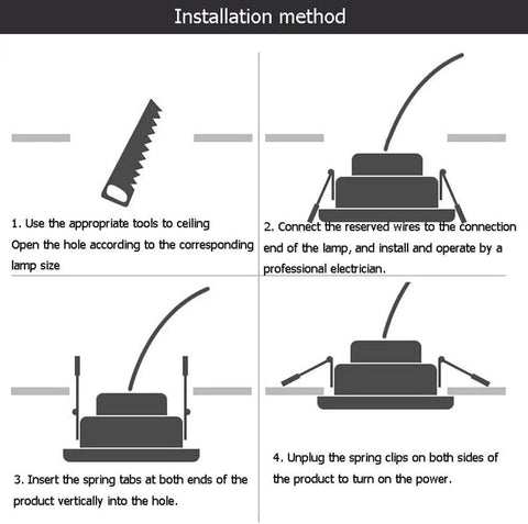 Installation method for WKNHHL Recessed Lighting Housing Trim Kits, showing steps and tools for ceiling lights installation.