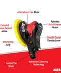 Palm Sanding Powerhouse With Central Vacuum 11000 RPM Orbital Sander features and labels shown.
