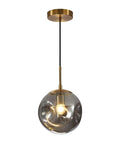 Brass Gold Globe Pendant Light Lit With Smoke Gray Glass Shade Mid Century Modern Ceiling Hanging Fixture One Light Large Pendant