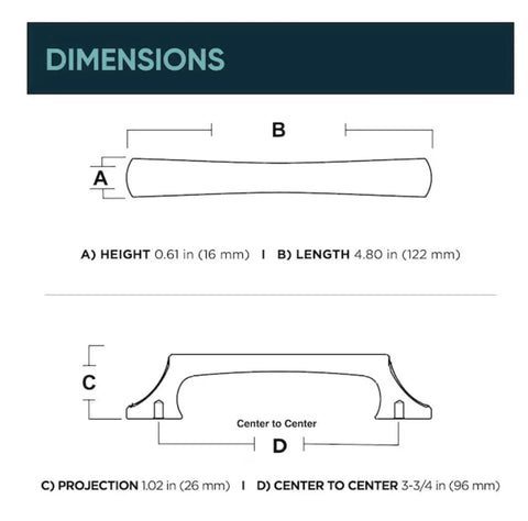 Dimensions diagram for Sorley Archways Cabinet Pull Three And Three Quarters Inch Center To Center Brushed Brass Finish