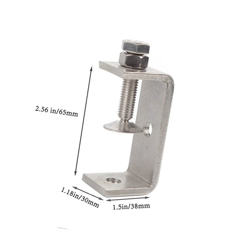 Front view of a 65mm stainless steel C-clamp with wide jaw and mounting base.