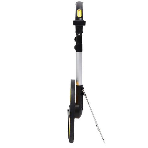 Side view of Sonew Digital Measuring Wheel 9999.9M/9999.9FT High Telescopic Electronic with rubber tire and measuring stick.