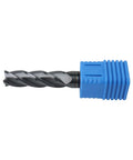 Side view of Zorqon 9/16-inch carbide long end mill, 4-flute square end, 2-inch length of cut, with blue shank sleeve