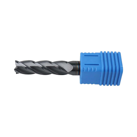 Side view of Zorqon 9/16-inch carbide long end mill, 4-flute square end, 2-inch length of cut, with blue shank sleeve