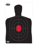 Dirty Bird Silhouette Target 12 By 18 Inch Non Adhesive Back Black Target For Plinking And Target Practice With High Contrast White Splatter Rim To See Hits From Afar, featuring a human silhouette with scoring rings and a red center aim point.