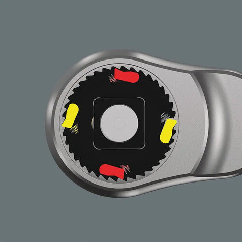 Close-up of Zyklop Metric Ratchet Set With Push Through Square 28 Piece One Quarter Inch Drive Slim Metal Ratchet head.