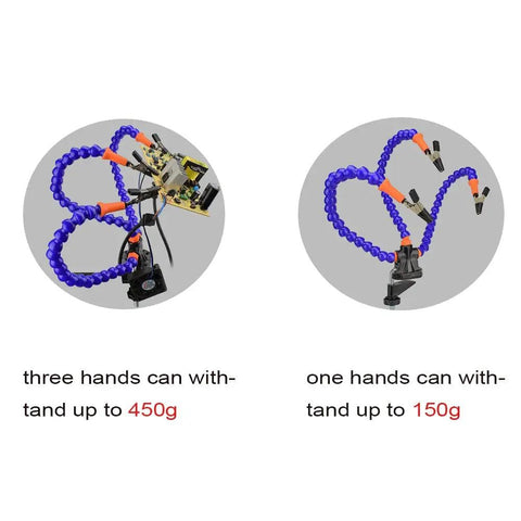 Soldering Station Helping Hand With 3 Flexible Arms Adjustable Vise Desk Clamp Base Solder Holder For PCB Repair blue, weight capacity shown