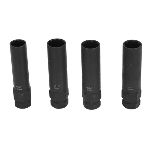 Four sockets from 8 Piece Lug Nut Socket Set In Cr Mo Steel Thin Walled Design For Tight Spaces, shown vertically aligned