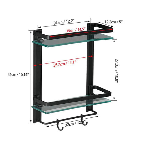 Bathroom Lavatory Glass Shower Shelf Two Tier With Towel Bar, Wall Mounted Storage, Tempered Glass Shelves, Matte Black Finish