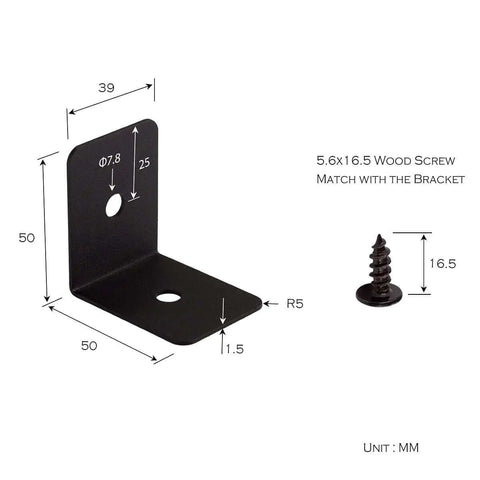 Technical diagram of 4 Pack Heavy Duty Iron Corner Protectors 2x2x1.5 Inch Black Decorative Corner Brackets with matching wood screw.