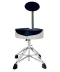 Pro Level Foldable Drum Stool With Comfy Backrest And Smooth Height Adjustment, Rugged Steel Frame And Grippy Rubber Pads, front view showing thick cushion and chrome base.