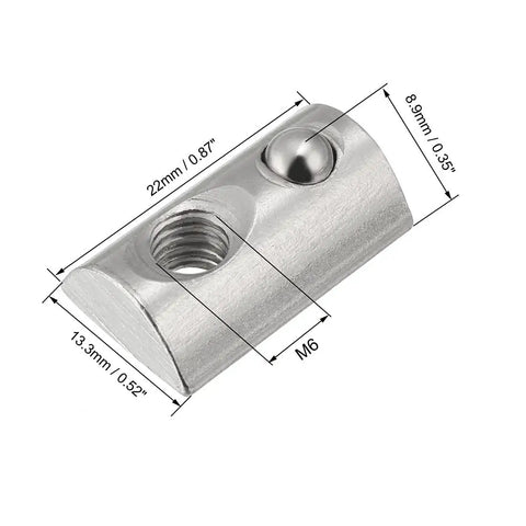 Roll In Spring M6 T Nut For 4040 Aluminum Extrusion, Ball Elastic Nut Fits 8mm Groove Depth, Nickel Plated Carbon Steel, close-up view