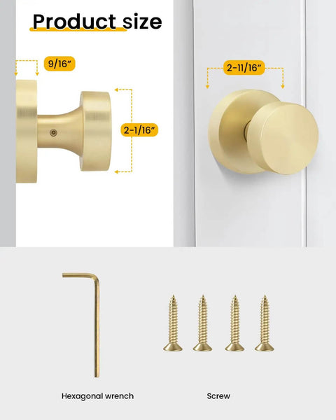 Gold Dummy Door Knobs Set Four Pack Heavy Duty Zinc Alloy With Brushed Gold Finish No Turning Interior Knobs dimensions and screws