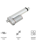 12V Mini Linear Electric Actuator With 1 Inch Stroke And 50 Lbs Force, ultra-compact design shown with icons for features.