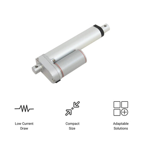 12V Mini Linear Electric Actuator With 1 Inch Stroke And 50 Lbs Force, ultra-compact design shown with icons for features.