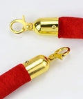 Close-up of Two Piece Red Velvet Stanchion Rope Set With Polished Gold Hooks for VIP Crowds, red velvet rope ends with gold hooks