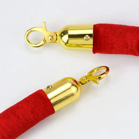 Close-up of Two Piece Red Velvet Stanchion Rope Set With Polished Gold Hooks for VIP Crowds, red velvet rope ends with gold hooks