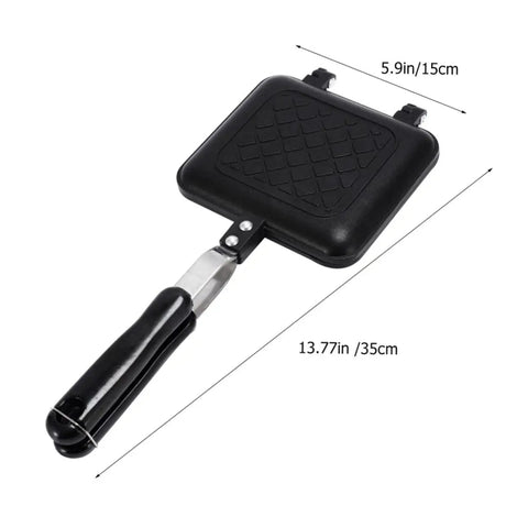 Kickstart Your Morning With This Dual-Sided Electric Mini Griddle And Waffle Maker featuring a black non-stick square plate and ergonomic handle.