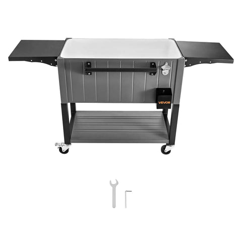 80 Quart Rolling Ice Chest With Divider Holds 110 Cans Or 50 Bottles Portable Outdoor Drink Cart With Bottom Shelf Foldable Side Shelves Swivel Wheels Beer Cooler Party Bar On Wheels Bottle Opener shown assembled with visible side shelves and bottom shelf