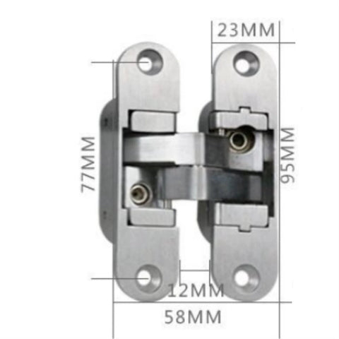 Front view of Two Pack 180 Degree Concealed Cross Door Hinges for Gates Doors Cupboards and Furniture Alloy Hidden Hinge Set with Slick Smooth Quiet Operation for Folding Doors Built Tough with Durable Alloy Construction QQAMOGNNK, showing dimensions.