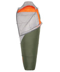 Cosmic Synthetic Fill 40 Degree Backpacking Sleeping Bag With Compression Straps, green and grey, regular size, unzipped