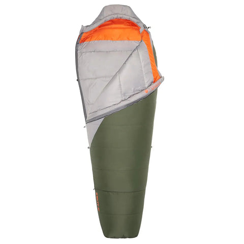 Cosmic Synthetic Fill 40 Degree Backpacking Sleeping Bag With Compression Straps, green and grey, regular size, unzipped