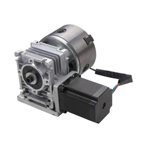 Straight Up Precision 4th Axis Gearbox For CNC Router, aluminum motor assembly with three jaw 100mm chuck.