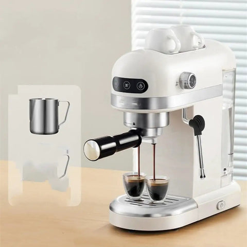 Compact Semi Automatic Coffee Maker With Built In Bean Grinder And Fast Milk Frother Tailored For Home Bars brewing espresso shots.