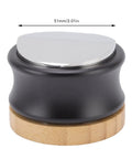Dual Head Espresso Coffee Distributor And Adjustable Tamper With Bamboo Base, 51mm size, used for leveling coffee grounds.