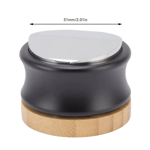 Dual Head Espresso Coffee Distributor And Adjustable Tamper With Bamboo Base, 51mm size, used for leveling coffee grounds.