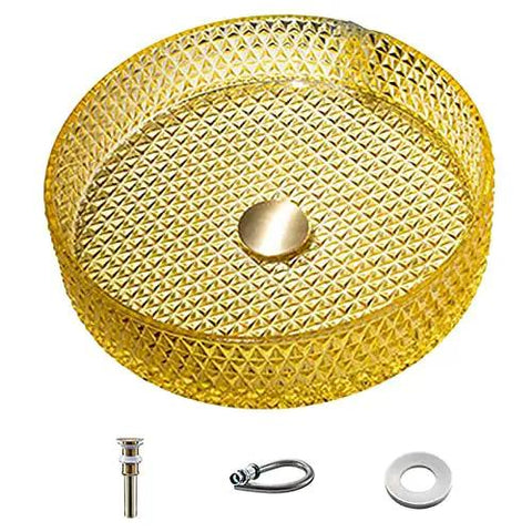 s Sink - Tempered Bathroom Vessel Basin for Bar, Cloakroom, Countertop with Accessories - Design for Home Decor, yellow, round, textured surface.
