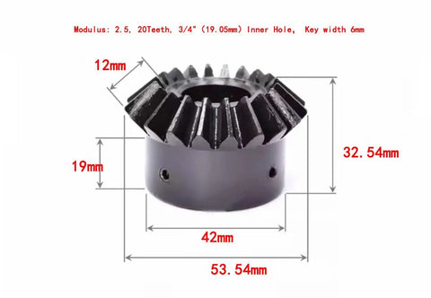 90 Degree Bevel Gear 1 To 1 Ratio, Modulus 2.5, 20 Teeth, Three Quarter Inch Inner Hole, Key Width 6mm, 2 Pieces Per Lot