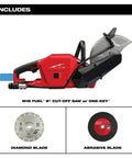 Badass 18V Cordless Power Cut Off Saw With Nine Inch Diamond And Abrasive Blades, showcasing tools for concrete cutting tasks.