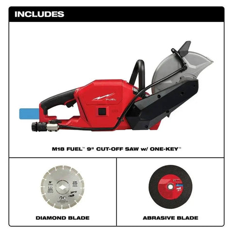 Badass 18V Cordless Power Cut Off Saw With Nine Inch Diamond And Abrasive Blades, showcasing tools for concrete cutting tasks.