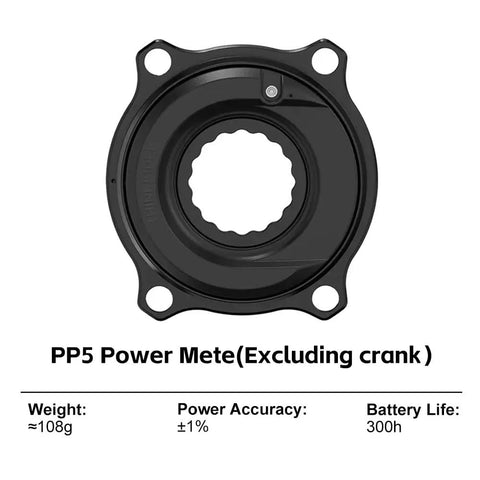 Dual Sided Cycling Power Meter For 110 BCD 4 Bolt Cranks With Easton Interface showing top view and weight details