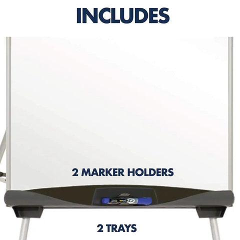 Close-up of All In One Magnetic Dry Erase Presentation Easel with two trays and marker holders, 27 x 39 inches size.