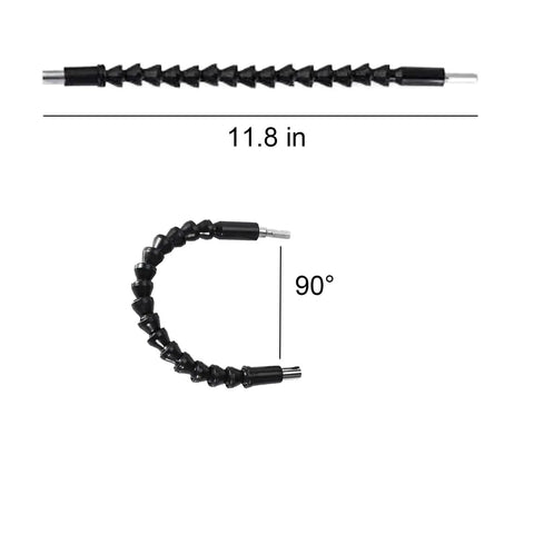 Flexible Drill Bit Extension Set With Magnetic Bit Holder 11.8 inch length, shown straight and bent at 90 degrees.